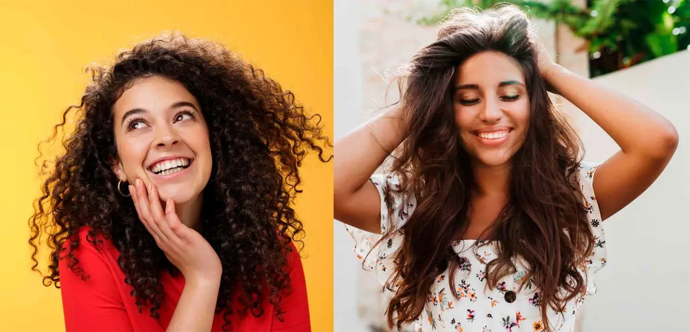 dos mujeres cabello rizado y ondulado